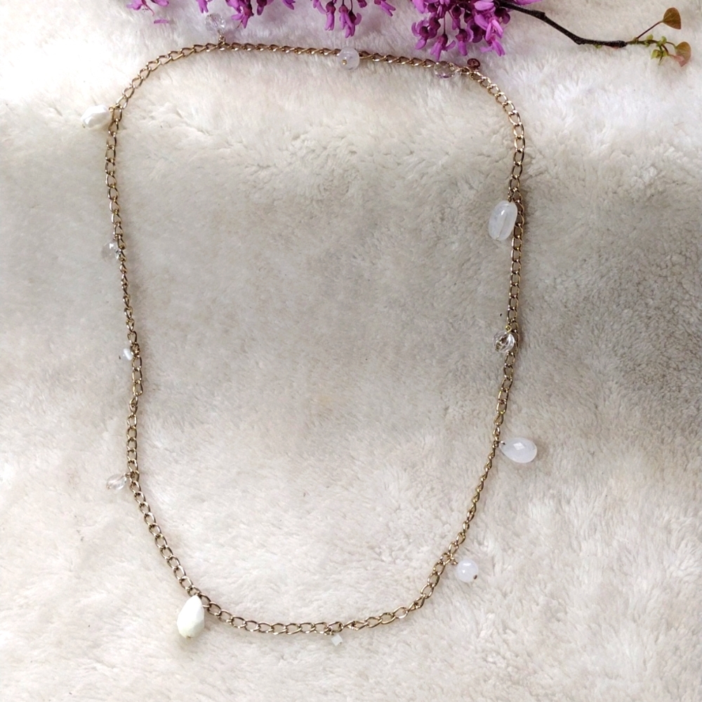 Cookie Lee Long Gold Necklace Faux White Pearl and Chrystal Women Necklaces